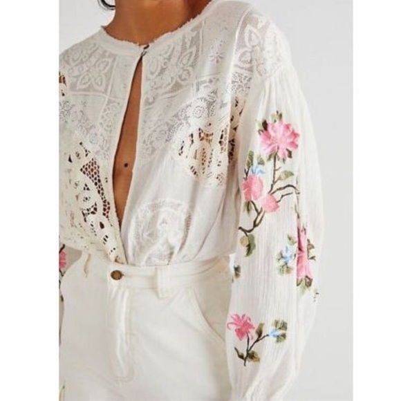 Free People Making Harmony XS & Sm Off White Embroidered Floral Boho Bodysuit - Picture 3 of 8